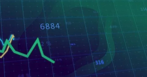 Displaying green zigzag trend line moving across trading chart grid with thin Stock Photos