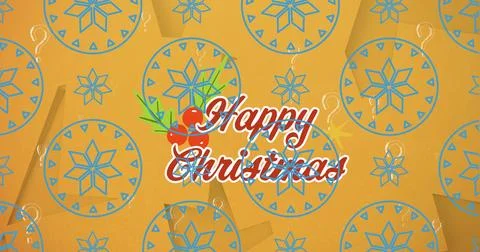 Displaying greeting with red outlined script on orange backdrop, with holly Foto stock