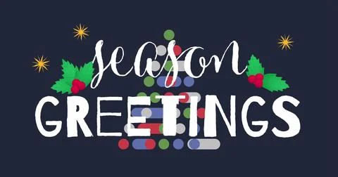 Displaying greeting with white script text on navy backdrop with colorful Stock Illustration