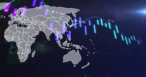 Displaying grey Eastern globe map over dark panel, showing neon bars, line Stock Illustration
