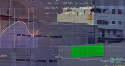Displaying grey facade on rooftop, with grid overlay, white line graph, colored Stock Photos