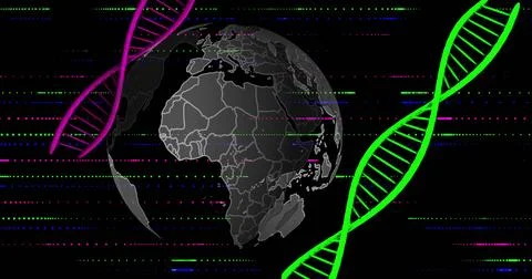 Displaying grey globe showing continents in data space, with neon DNA helices Stock Illustration