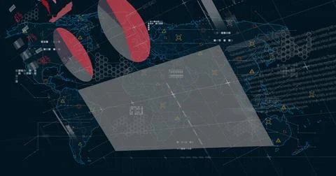 Displaying grey panel over stylized world map in digital interface, with red Stock Illustration