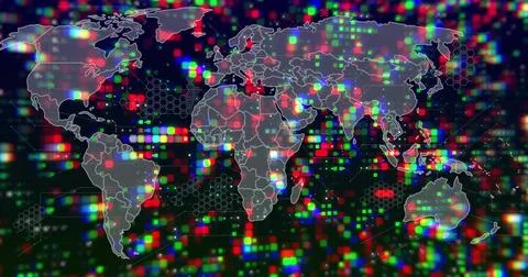 Displaying grey world map silhouette on grid, with RGB pixel clusters and Illustrazione stock