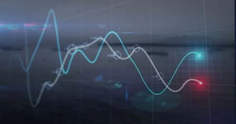 Displaying grid and cyan, white sine-wave graphs with markers over calm water, Stock Illustration