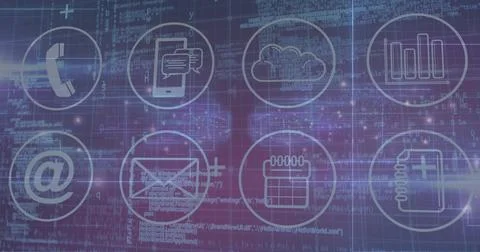 Displaying grid of nine circular app icons hovering over purple-blue matrix,  Stock Illustration