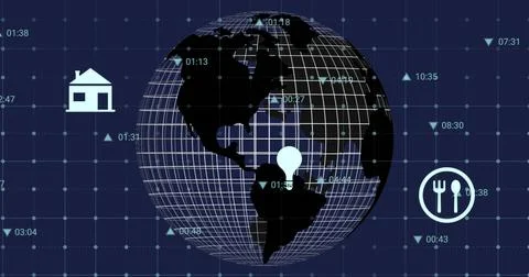 Displaying grid-overlay globe on dashboard, with location pin, cutlery icon, Stock Photos