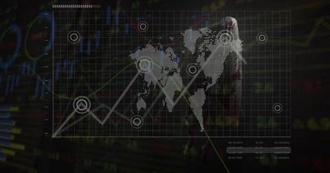 Displaying grid overlay showing dotted world map and trend lines on trading Stock Photos
