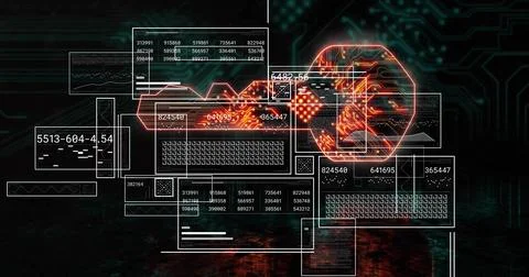 Displaying grid overlays with numeric readouts in circuit space, with glowing Stock Photos