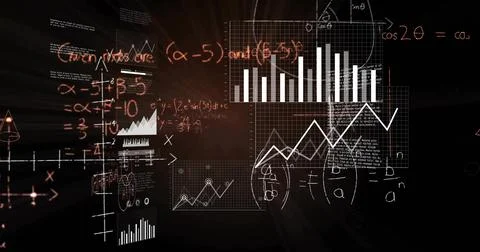 Displaying grid panels floating within virtual interface, with math formulas and Stock Illustration