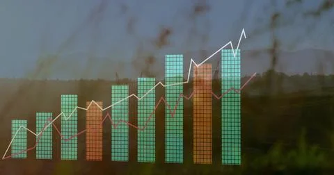 Displaying grid-patterned bar chart overlaying rural field, featuring white and Stock Photos