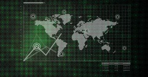 Displaying gridded panel showing dotted world map and rising chart on green Stock Illustration