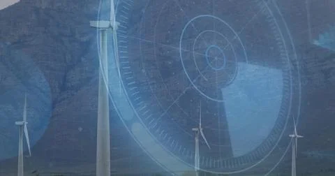 Displaying group of white wind turbines spinning on flat plain at mountain base, Stock Photos