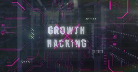 Displaying GROWTH HACKING crossed by magenta X in data center, with circuit Illustrazione stock