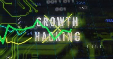 Displaying GROWTH HACKING headline glowing on dashboard, showing neon charts, Stock Illustration
