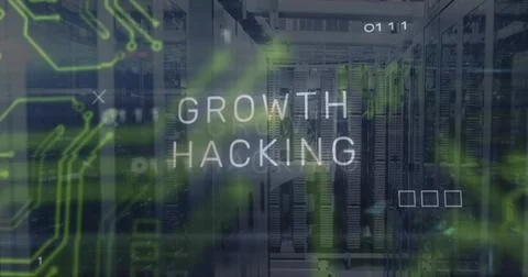 Displaying GROWTH HACKING text centering inside data center, with server racks, Illustrazione stock