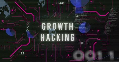 Displaying Growth Hacking text dominating tech dashboard, with magenta circuits 写真素材