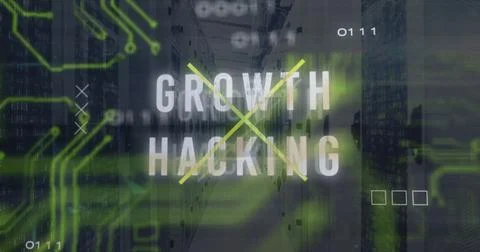 Displaying GROWTH HACKING text intersecting yellow lines inside data center with Stockillustratie