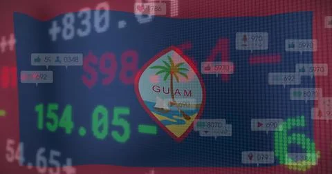 Displaying Guam flag central seal overlaying digital dashboard with financial Stock Photos