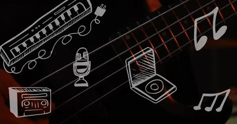 Displaying guitar strings crossing dim studio, showing fretboard, body, keys or 스톡 일러스트