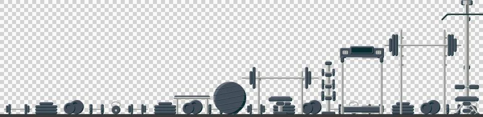 Displaying gym gear in horizontal flat layout showing weights, balls, benches, 库存插图