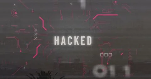 Displaying HACKED alert over dark computer interface, with magenta circuit lines Stock Photos