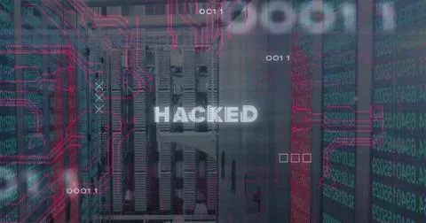 Displaying HACKED text over server racks in data center, with neon red circuitry 写真素材