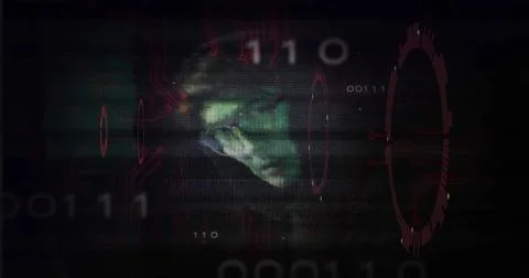 Displaying hacker head wearing glasses floating in data space, with binary and イラスト素材