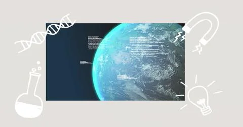 Displaying half-sphere Earth globe tilting on virtual interface, with code and Stock Photos