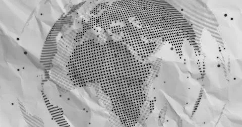 Displaying halftone world map pattern across crumpled paper in flat graphic 스톡 일러스트