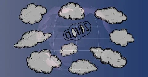 Displaying hand-drawn clouds orbiting central CLOUDS label in digital 스톡 사진