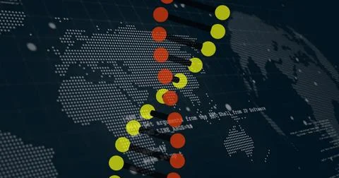 Displaying helical chain of nodes running in virtual map, dotted world map, c Illustrazione stock