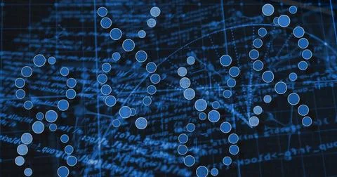 Displaying helical strands glowing with clear blue nodes on navy grid, with Illustrazione stock