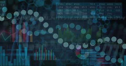 Displaying helix of translucent nodes running across dark data dashboard, Foto stock