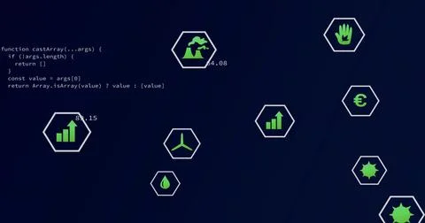 Displaying hex cluster occupying center on navy dashboard, showing code and n Illustrazione stock