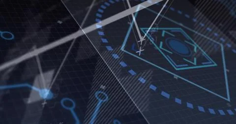 Displaying hex target with compass needle over dark grid plane, dashed track, Stock Illustration