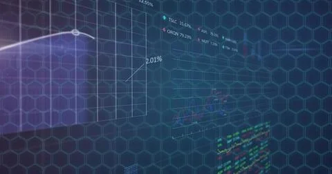 Displaying hexagon grid with line charts, numeric labels and red green ticker Stock Illustration