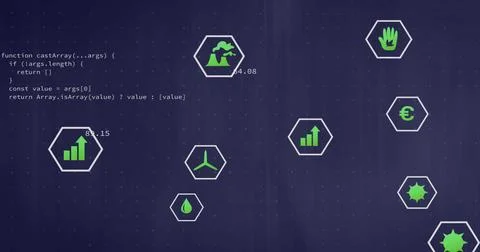 Displaying hexagon icon cluster centered on dark panel showing JavaScript cod Stock-Fotos