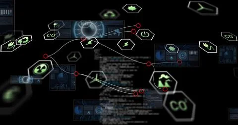 Displaying hexagonal energy cluster floating in virtual dashboard, with white 스톡 일러스트