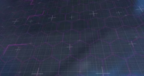Displaying hexagonal grid receding on virtual 3D plane, with purple neon lines Stock Photos