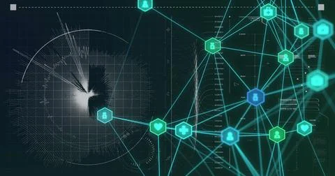 Displaying hexagonal icon nodes flowing data with glowing lines over grid on 스톡 사진