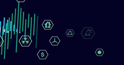 Displaying hexagonal icons linking energy and finance on digital dashboard wi Stock Illustration