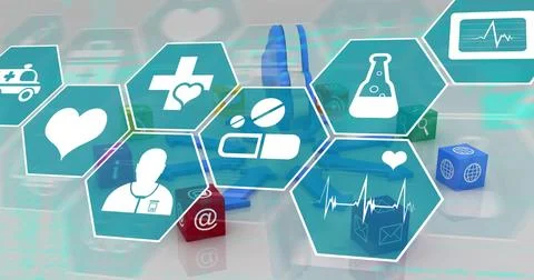Displaying hexagonal medical icon grid floating above studio desk, colored cubes Stock Photos
