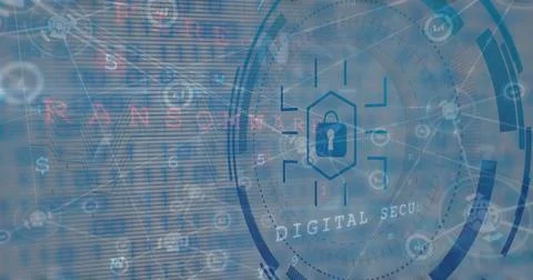 Displaying hexagonal padlock icon within network interface, UI rings binary code Stock Photos