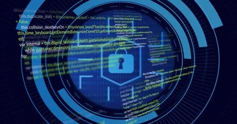 Displaying hexagonal shield with padlock glowing in cyber dashboard with HUD Foto stock