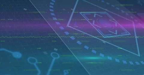 Displaying hexagonal UI glowing with dashed ring on holographic grid, neon st 스톡 일러스트