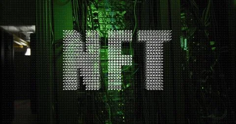 Displaying HFT text made from dot matrix icons overlaying server racks in data Stock Photos