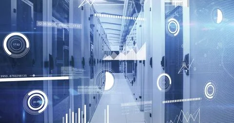 Displaying high-tech data center rack corridor glowing with LED lights, showi Stock Photos