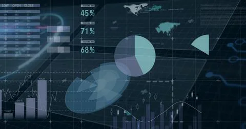Displaying high-tech data dashboard in virtual analytics interface, with metrics Stock Illustration