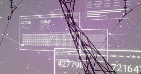 Displaying high-voltage tower silhouette on purple backdrop, with data panels イラスト素材